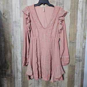 Free People Isabella Pullover Long Sleeve Ruffled Mini Dress Desert Rose Size 12